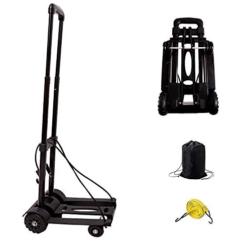 KINJOEK 40kg 88Lbs Folding Hand Truck Dolly, Foldable Luggage Cart for Luggage with 4 Wheels & Bungee Cord, Collapsible, Lightweight Compact Solid Construction Utility Cart for Travel, Black Cover