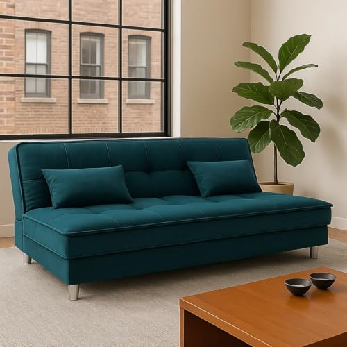 Image of CASASTYLE Gaiety 3 Seater Fabric Sleeper Supersoft Sofa Cum Bed (Teal)