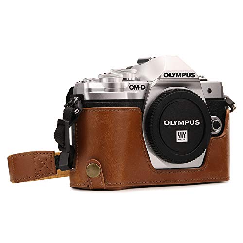 MegaGear MG971 para Olympus OM-D E-M10 Mark II, E-M10 Estuche Ever Ready, Media Funda, Estuche de Base, Funda de Cuero, de Pronto Uso, con Correa - Marrón Claro