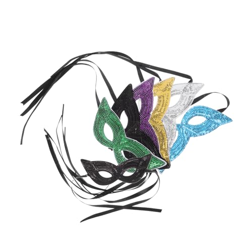 LOPUNER 6 Pièces Masque de Carnaval avec Strass pour Femmes Accessoire pour Fête de Mardi Gras et Célébrations Masque Demi Face Pailleté Doré Argenté Noir Bleu Vert