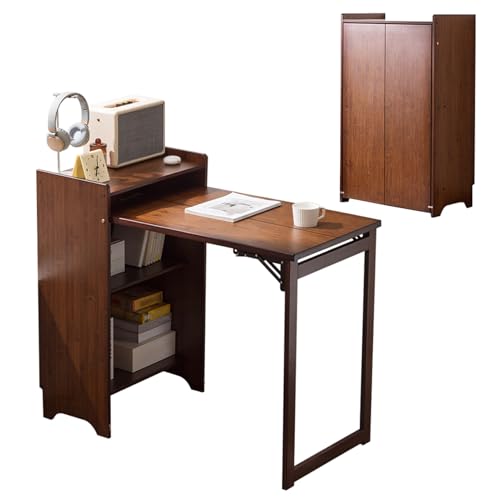 OXBZKMY Bamboo Folding Desk with Storage Shelves, Space Saving Mid Century Modern Bookcase with Drop Down Table, Hide Away Desk for Home Bedroom Study Office