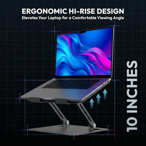 Image of Amkette Ergo Hi-Rise Laptop Stand, Laptop Stand Metal with Ergonomic Design, Heavy Duty Carbon Steel Build, Supports Up to 8kg Laptop, EVA Protection Pads, Supports Laptops up to 15.6 Inch, Grey