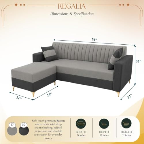 Image of FURNY Signature Regalia 4-Seater L-Shape Sofa Set with Movable Ottoman | Flexible LHS /RHS Layout | Boston Fabric | 40D Foam + Zigzag Spring | 3-Yr Warranty (Ash Grey, Light Grey)