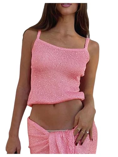 SHENHE Women's Sequin Top Y2K Sparkly Crochet Knit Sleeveless Clubwear Rave Crop Tank Top