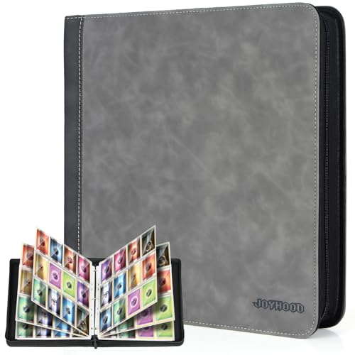 JoyHood カードファイル、トレーディングカード用カードバインダー、 960枚収納可能、PM MTG YGO OPCG カード用、防水、誕生日・お正月・クリスマスプレゼント (12ポケット、 グレー)