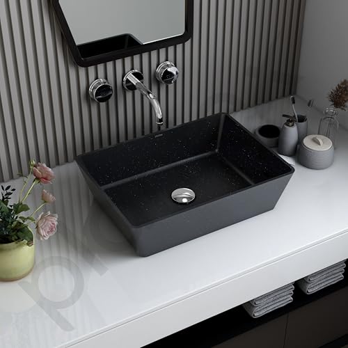 Image of Plantex Table Top Basin for Bathroom /Quartz Rectangle Basin /Vessel Sink Over Counter for Home /Restaurant (Black, 18 x 13 x 5 Inch)