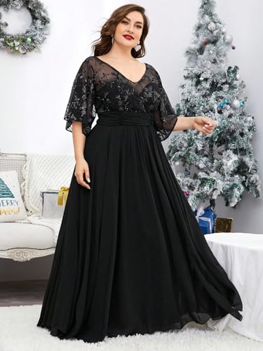 Women's Plus Size V Neck Lace Sequin Embellished with Pleat Waist Contrast Chiffon Long Formal Evening Party Dress2