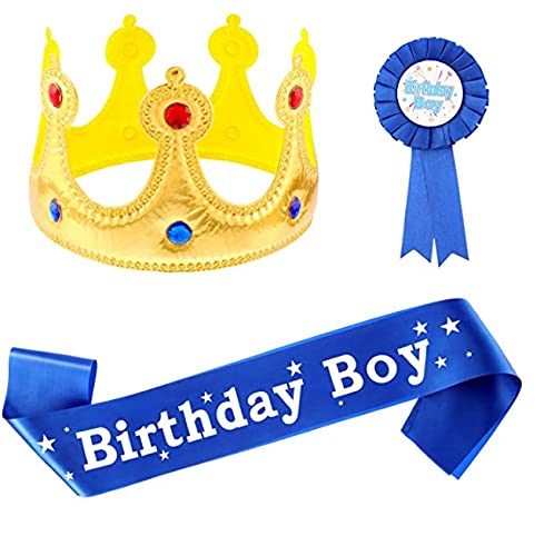 4 Pieces Birthday Boy Party Accessory Set Birthday King Crown Birthday Boy Sash and Button Pins Happy Birthday Banner for Boys - Birthday Party Dress Up Decoration - Birthday Decorations for boy
