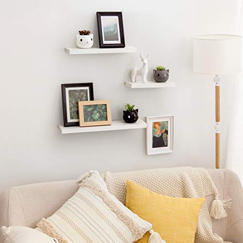 Mkono Floating Shelves White Wood Wall Mounted Rustic Modern Shelf Set Of 3 Photo Display Ledges With Invisible Bracket For Living Room Bedroom Bathroom 4" Deep #TOP4
