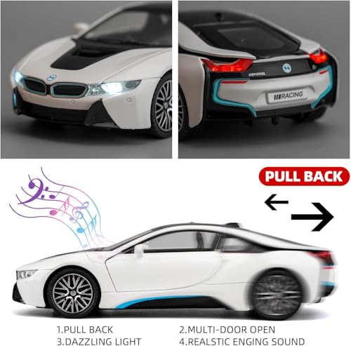 Image of 1:32 BMW i8 Diecast Toy Car Pull Back Metal Car with Openable Doors Sound & Light Features Realistic Kids Gift & Collectible Model for Boys & Girls (White)