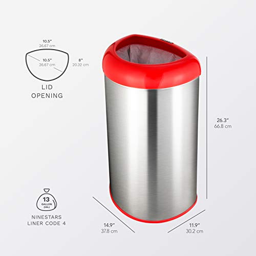 Ninestars Ott-50-19Rd Open Top Office Bathroom Trash Can, 13 Gal 50L, Stainless Steel Base (D Shape, Red Lid) #TOP2