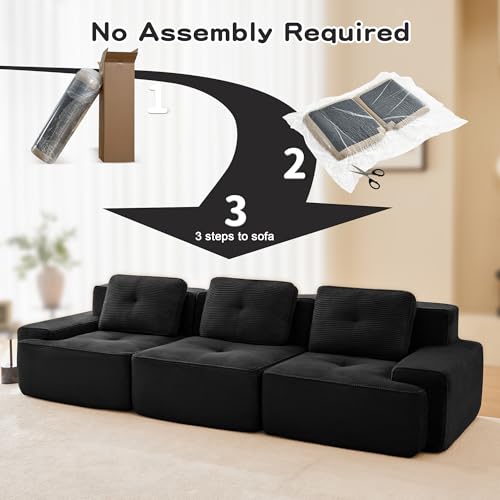 Image of 117 inch Oversized 3 Seater Modular Boneless Couch, Durable Corduroy Fabric, Deep Seat Cloud sectional Sofa with Buckle Connection and Tufted Detail, No Assembly, Anti Slip, Black