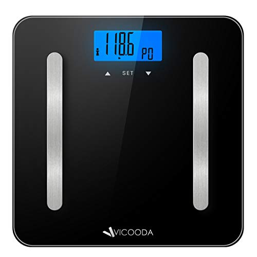 Digital Body Weight Scale, VICOODA Bathroom Scale with Backlit LCD Display, Measures Body Weight/Fat/Water/Muscle Mass/Bone Mass/BMI/Calorie,400 Pounds, 6mm Tempered Glass, Black (Black)