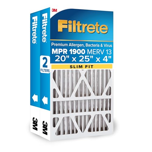 Filtrete 20x25x4 (SlimFit) AC Furnace Air Filter MERV 13 MPR 1900 Premium Allergen Bacteria & Virus Electrostatic Air Cleaning Filter 2-Pack (Actual Size 19.5x24.5x3.75 in)