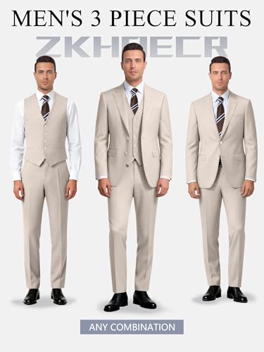 Image of Men's 3 Piece Slim Fit Suit Set, Two Button Blazer Solid Jacket Vest Pants Wedding Business Suit
