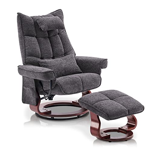 Mcombo Swivel Recliner With Ottoman, Massage Tv Chairs With Neck Pillow And Side Pocket For Living Reading Room, Chenille Fabric 4188 (Grey) #TOP17