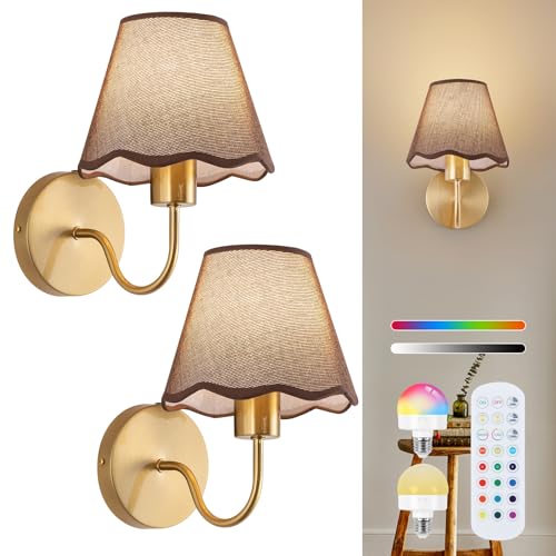 Image of ADISUN Battery Operated Wall Sconce Set of 2, Gold Wall Lamps Rechargeable Bulbs for Living Room, Brown Rattan Shade, Wireless Wall Lights for Bedroom Living Room Hallway Kitchen(2 Bulbs Included)