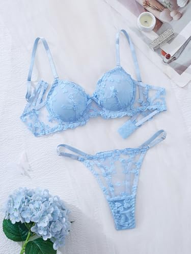 Image of Sexy Floral Embroidered Flower Mesh Underwire Push Up Lingerie Set