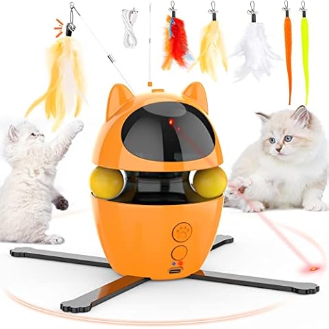 Dreamon 3 in 1 Katzenspielzeug Elektrisch - Interaktives Katzenspielzeug Selbstbeschäftigung Katzen Spielzeug Intelligenz mit 5 Ersatz Federspielzeug & USB Aufladbar (Orange) Cover