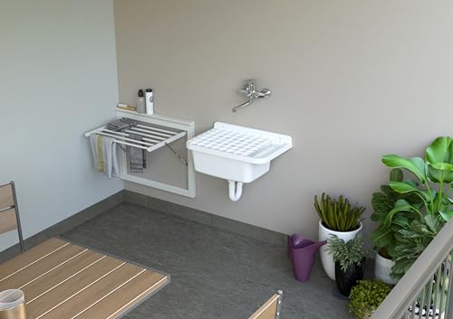 Adventa Wandwaschbecken mit Gitter für den Außenbereich, Kunstharz, weiß, 50 x 35 x 24 cm