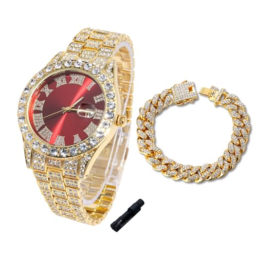 Image of Halukakah Diamonds Gold Watch Iced Out for Boy Teens Kids - 18K Real Gold /Platinum Plated,42mm Blue /Green /Red Dial,Japanese Quartz - 8 inch Length - Optional with Cuban Link Chain,with Watch Adjuster Tool