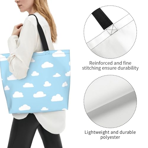 White Clouds Cartoon Blue Water-Resistant Shoulder Tote Bag - Lightweight Polyester Carryall With Transfer Print, Daily Essentials Bag3