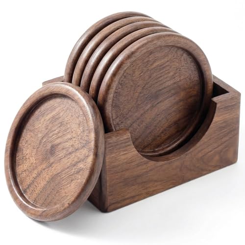 OFFASST Bases para copos de madeira de nogueira, conjunto de 6 | coasters redondos para copos de uísque copo e canecas, inclui suporte de armazenamento, decoração de mesa ou presente para bar, ø 10 cm