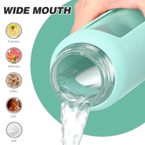 Image of 32oz Glass Water Bottle with Straw and 2 Lids, Mint Green | Bamboo and Spout Lid, Non-slip Silicone Sleeve, with Motivational Time Marker, Reusable for Gym, Sports, Outdoors