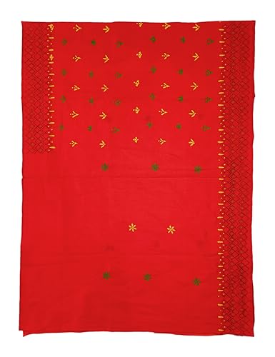 Image of SHRISTI CLOTHINGS Women's Hand Embroidered Cotton Silk Kantha Stitch Saree with Blouse Piece (J420824 REDD29)