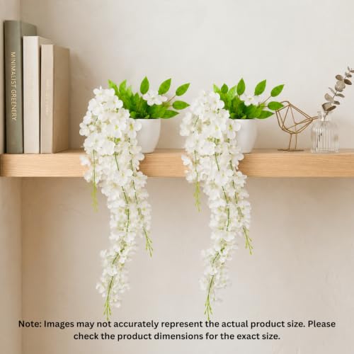 Image of fancymart Artificial Flower White Wisteria Hanging Plant with White Pot, 60 cm Height, Pack of 2, Realistic Floral Vine for Home, Office, Living Room & Wall Decor