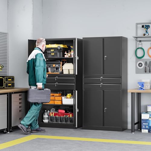 Image of Letaya Metal Garage Storage Cabinet,71 inch Heavy Duty Steel Tool Cabinet with 4 Door Lock-Adjustable Shelves and 2 Drawer for Garage Home Office Utility Room (Black)