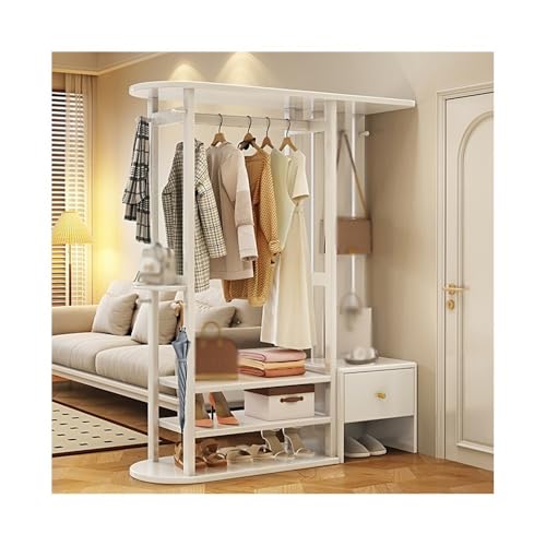 Perchero de pie de madera maciza con banco de almacenamiento, colgar ropa vertical para entrada, pasillo, dormitorio, blanco, elegante y funcional