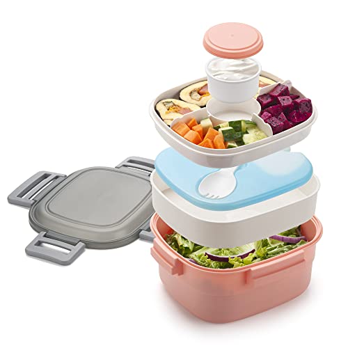 Image of Freshmage Salad Container for Lunch with Ice Pack, Leakproof BPA-Free 52-oz Lunch Container with 4 Compartments, Salad for Men, Women (Pink+Ice Pack)