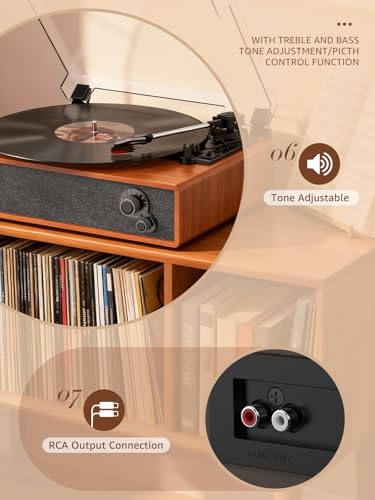 Image of Vinyl Record Player Vintage Turntable for Vinyl Records LP Phonograph Auto Stop Tone Adjustment Belt Drive 3 Speed 3 Size Support Wireless Input RCA Output Retro Walnut Red Brown
