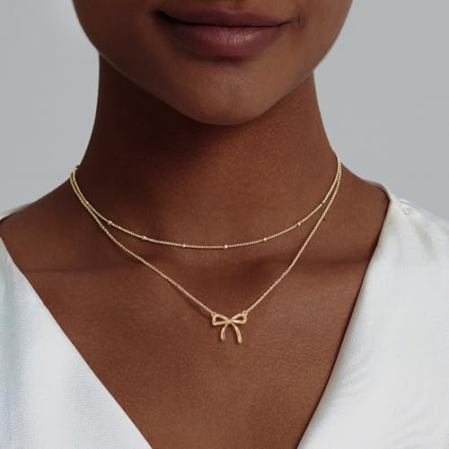 OGD Gold Necklace for Women, Bow Necklace 14K Layered Gold Necklace Dainty Bow Pendant Choker Necklace Trendy Bow Necklace Gold Chain Necklaces for Women Jewelry Gift3