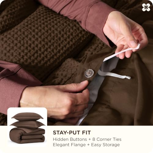 Image of Bedsure Cotton Duvet Cover Queen Size - 100% Cotton Waffle Weave Chocolate Brown Duvet Cover Queen Size, PureWoven Breathable Bedding Set for All Season, 3 Pieces, 90 inchx90 inch