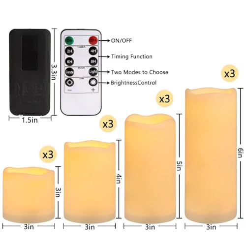 Image of Enpornk Flameless Battery Operated Outdoor Waterproof Set of 12(D: 3 inch x H: 3 inch 4 inch 5 inch 6 inch) Pillar LED Candles with 10-Key Remote and Cycling 24 Hours Timer