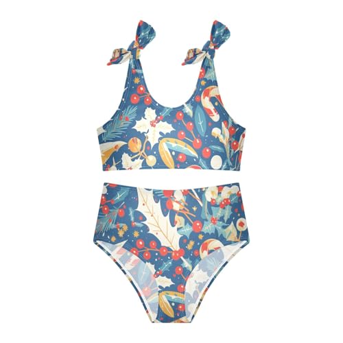 KLL Christmas Candy Cane Mistletoe Pattern Girls 2 Piece Bikini Set Quick-Dry Swimsuit Swimwear Adjustable Strap3