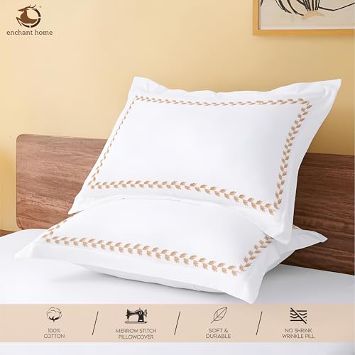 Image of Pure Cotton 500 TC Pillow Cover Set | Greek Embroidered Pillow Cover Set | Percale Weave | 18 X 27 Inches (2, Golden Leaflets)