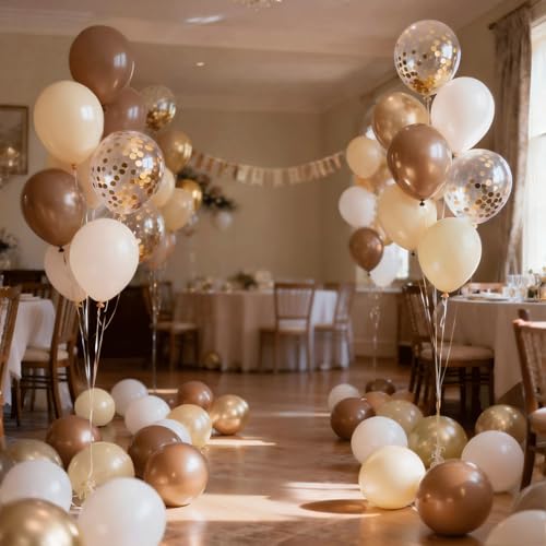 Image of Brown Balloons, Light Brown Beige Nude Chrome Gold Confetti, Party decor | 50 Pcs 12 In, for Bear Neutral Birthday Wedding Bridal Shower BIand Woodland Jungle Safari Party Decorations