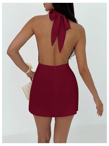 Image of Floerns Women's Ruched Cowl Neck Halter Mini Dress Tie Backless Night Out Dresses