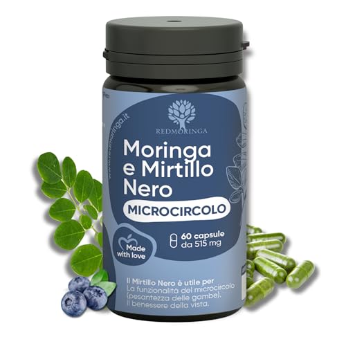 RedMoringa Integratore Circolazione Gambe con Moringa e Mirtillo Nero - Benessere della Vista e del Microcircolo - Made in Italy - 60 Capsule