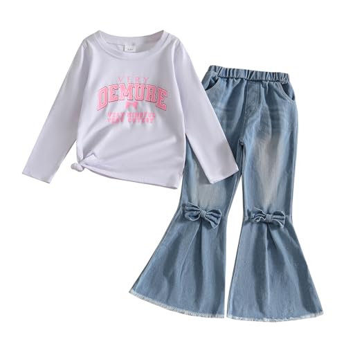 Image of Toddler Girl Clothes Long Sleeve Cartoon & Letter Graphic Top + Fruit Stationery Print Flared Leg Pants
