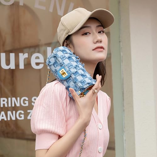 Image of Nova&Aria Women Small Shoulder Bags Quilted Crossbody Distressed Jean Denim Purse Evening Bag Clutch Handbag with Chain Strap-Checkered