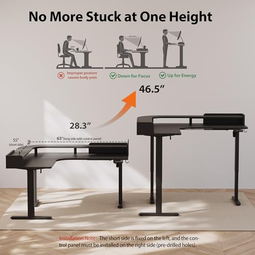 Image of Agilestic L Shaped Standing Desk, Corner Desk with Monitor Shelf, Adjustable Height Gaming Table, Sit Stand Up Table, 63 x 55 Inch Home Office Computer Workstation, Splice Board, Black