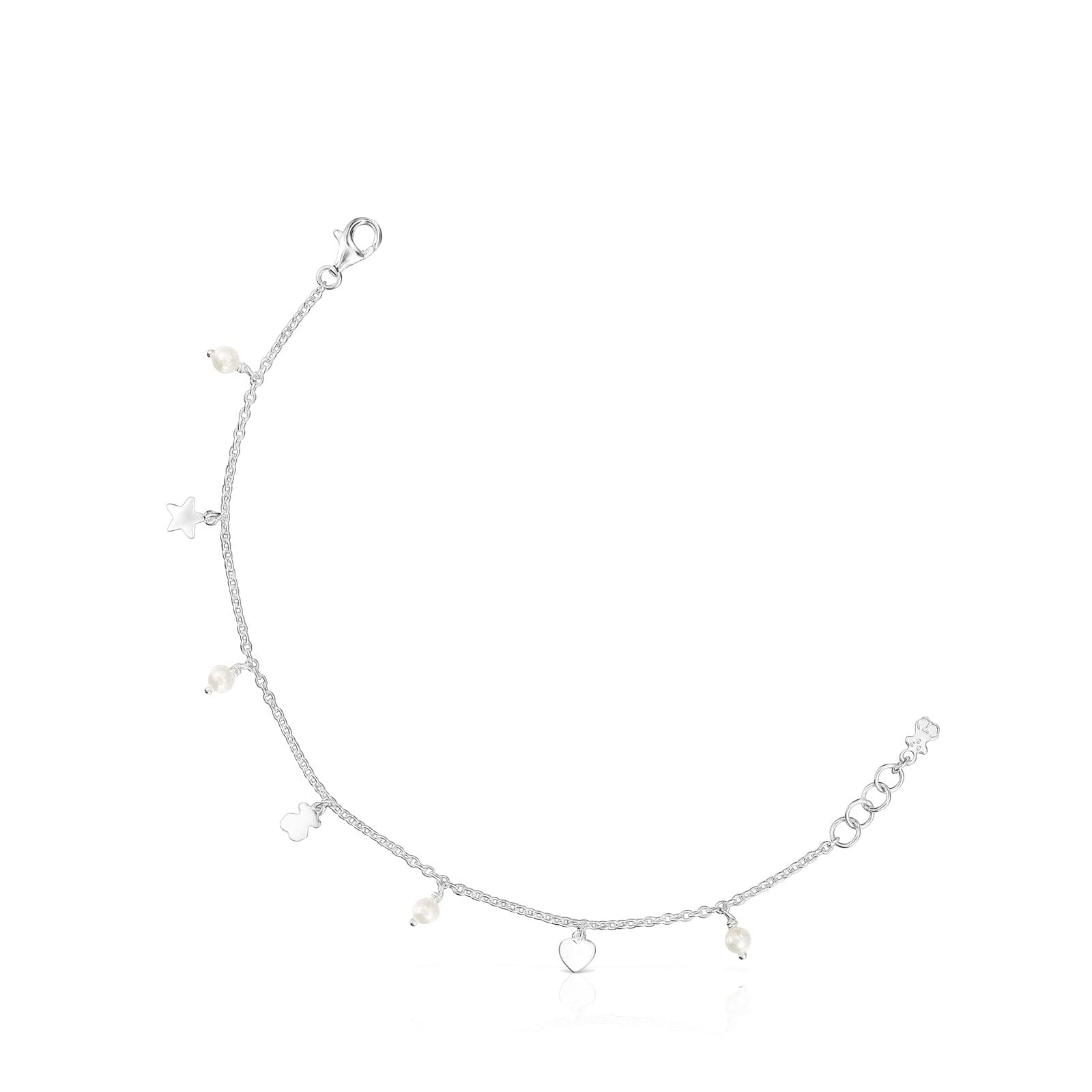 TOUS Pulsera de Plata de Primera Ley para Mujer con Motivos de Osos, Corazón y Estrella 4,5mm y cuatro perlas de 3mm, Largo 17,5 cm, Atemporal y Elegante, Colección Cool Joy