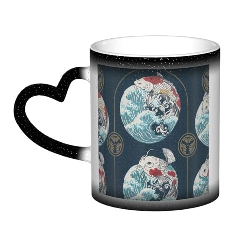 和風 鯉柄 330ml 陶器変色カップ おしゃれ大きめコーヒーカップ アニメ雑貨贈り物カップ Black