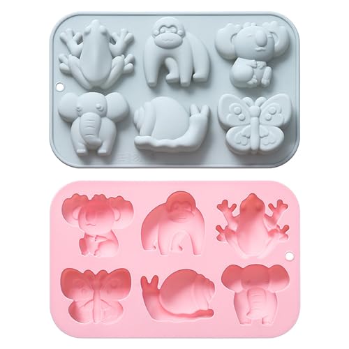 Honicemar Molde de Silicona con Forma de Animale de 6 Cavidades, Silicona Molde con Diferentes formas de Animales, 2 Pcs de Moldes Antiadherentes para Pastele Chocolate Helado Gelatinas
