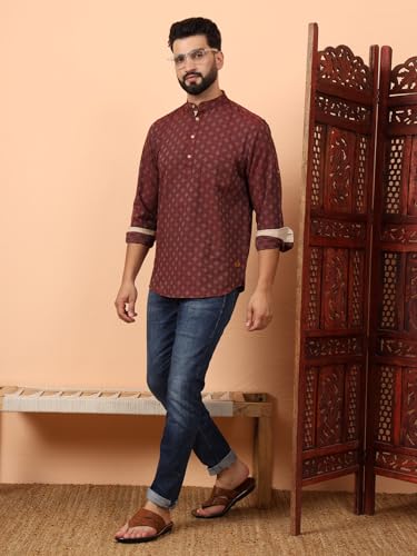 Image of LATEST CHIKAN Men's Cotton Regular Self Design Short Kurta Full Sleeves - Casual Ethnic Wear