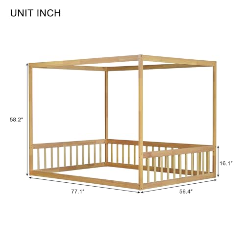 Image of Full Size 4-Posters Canopy Bed Frame with Fence Guardrails, Rubber Wood Montessori Floor Platform Bed for Kids Teens Girls Boys, No Box Spring Needed (Natural-02)